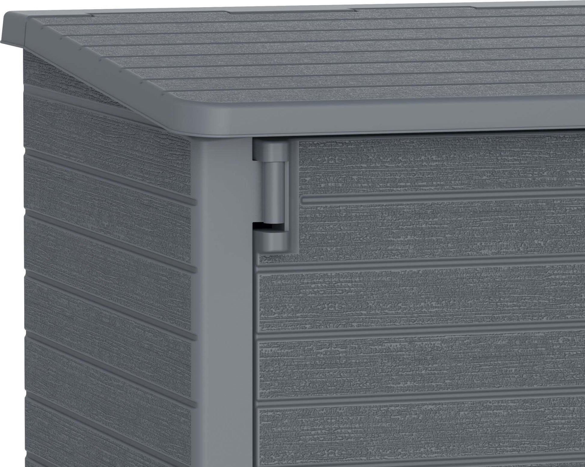 Close-up of Duramax Storeaway 850L Gray garden shed with weather-resistant plastic and hinged door, ideal for outdoor storage.