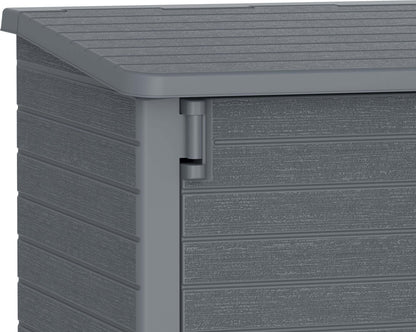 Close-up of Duramax Storeaway 850L Gray garden shed with weather-resistant plastic and hinged door, ideal for outdoor storage.