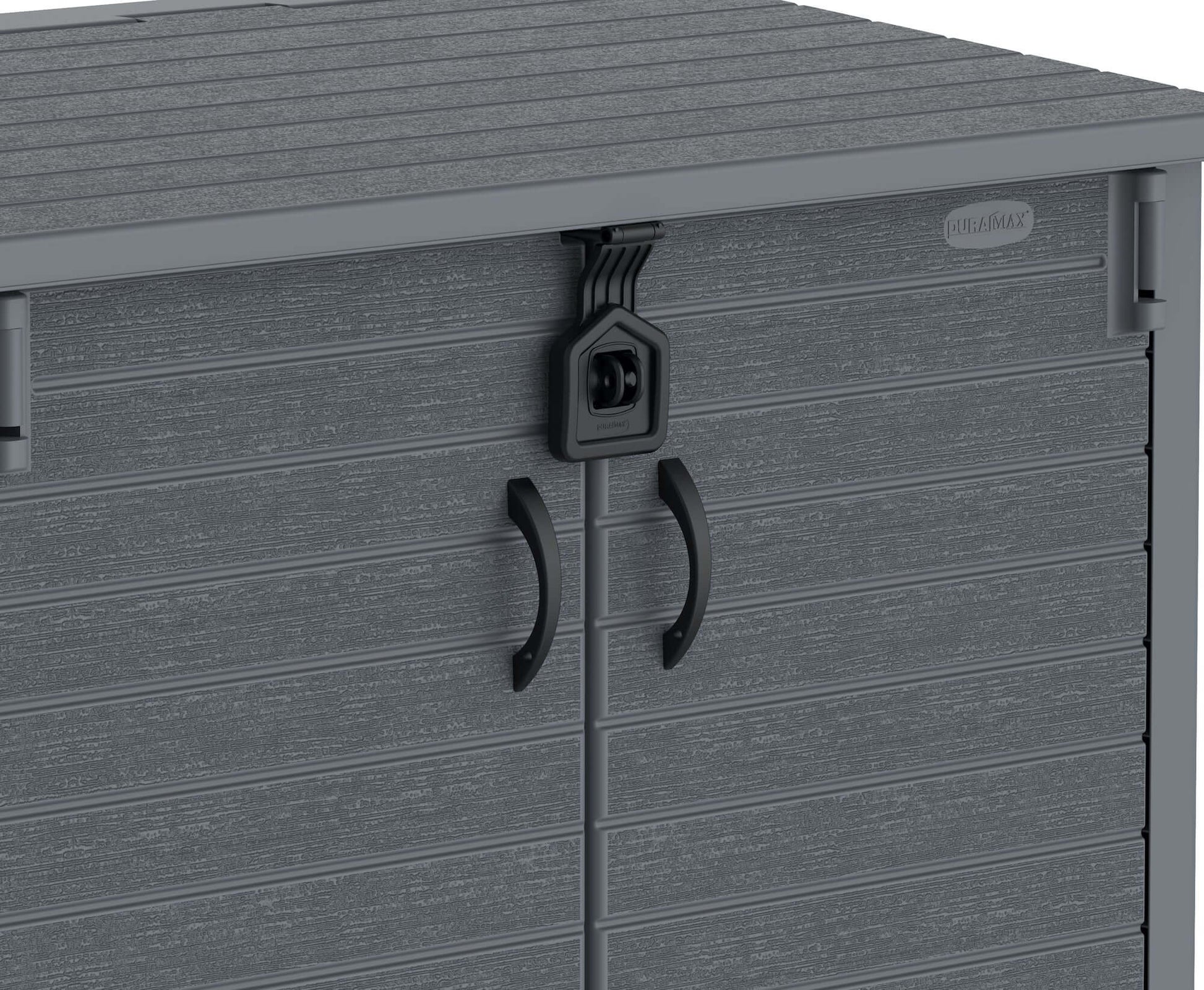 Duramax Storeaway 850L gray garden shed with sturdy plastic construction and wide-opening doors for outdoor storage.