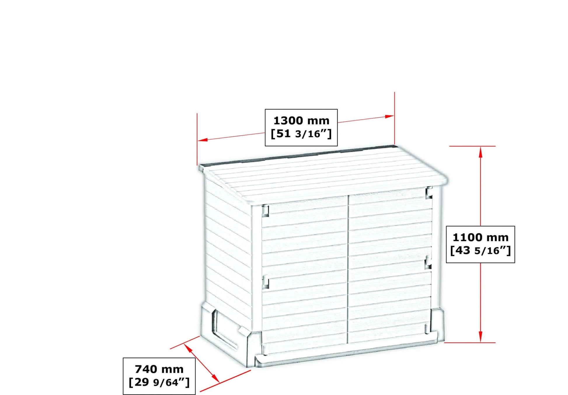 Duramax StoreAway garden shed with dimensions 1300x1100x740mm, featuring wide-opening doors, ideal for outdoor storage.