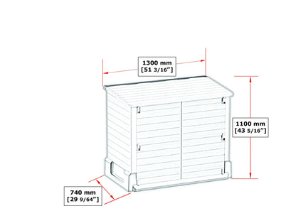 Duramax StoreAway garden shed with dimensions 1300x1100x740mm, featuring wide-opening doors, ideal for outdoor storage.