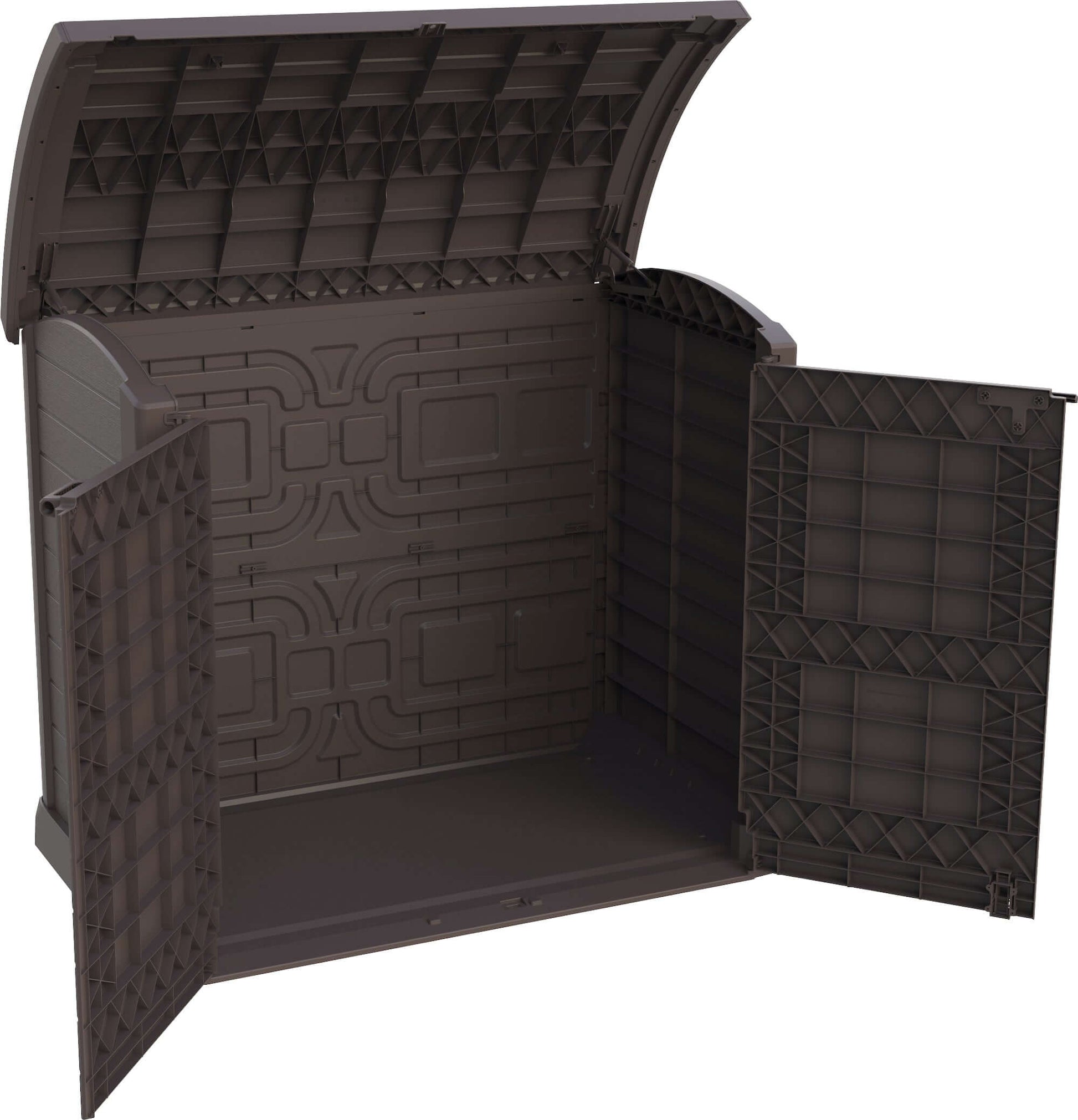 Duramax Storeaway 1200L Arc Lid garden shed with doors open, ideal for storing tools and equipment. Weatherproof and durable design.