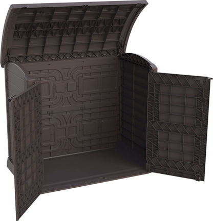 Duramax Storeaway 1200L Arc Lid garden shed with doors open, ideal for storing tools and equipment. Weatherproof and durable design.
