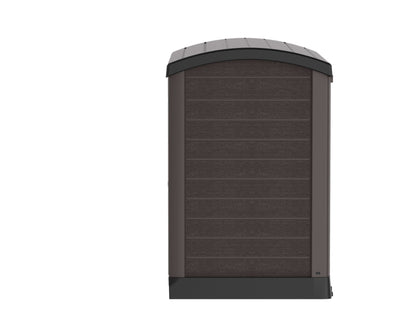 Duramax Storeaway Arc Lid 1200L brown garden shed for storing tools, bikes, BBQ equipment. Durable weatherproof plastic with wide doors.