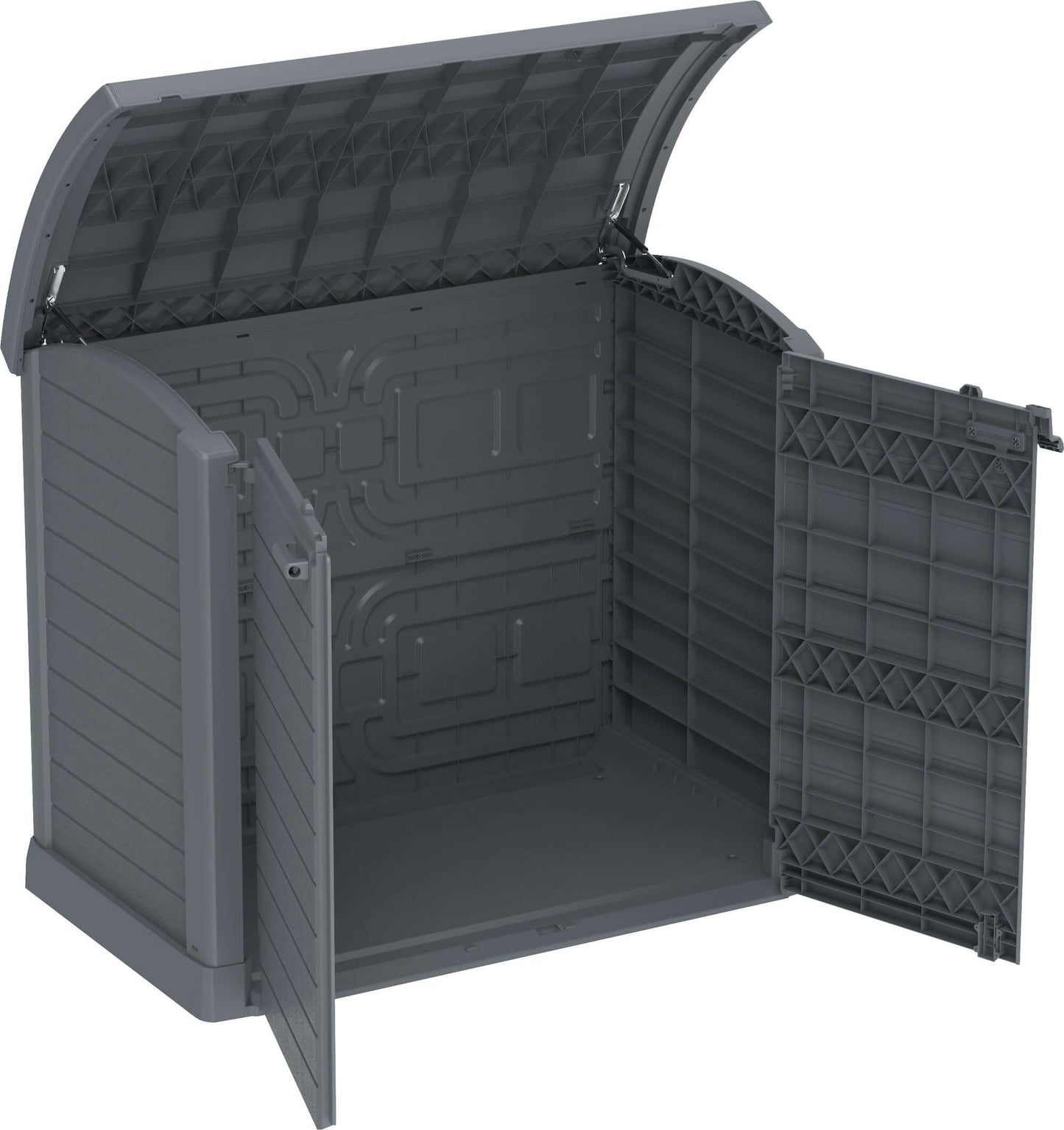 Duramax Storeaway Arc Lid 1200L shed in gray with open doors, ideal for storing garden tools, bikes, and outdoor gear. Weatherproof design.