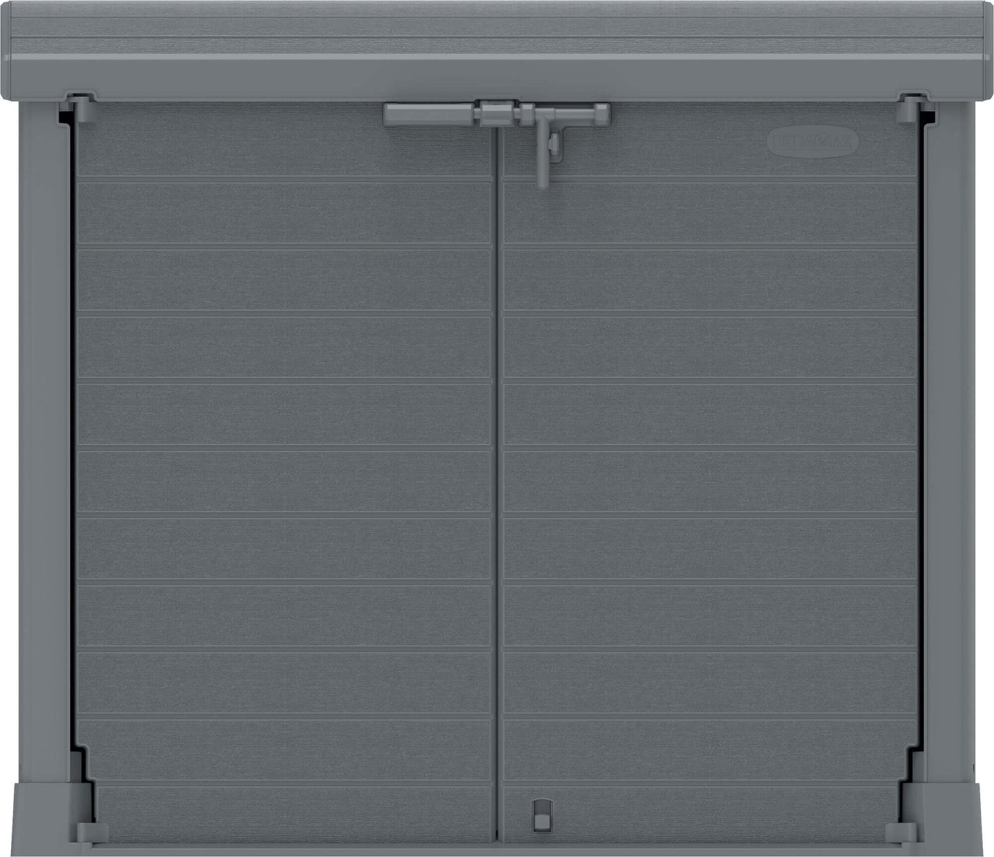 Duramax StoreAway Arc Lid 1200L Gray Shed for outdoor storage, weatherproof and UV-protected, front view.