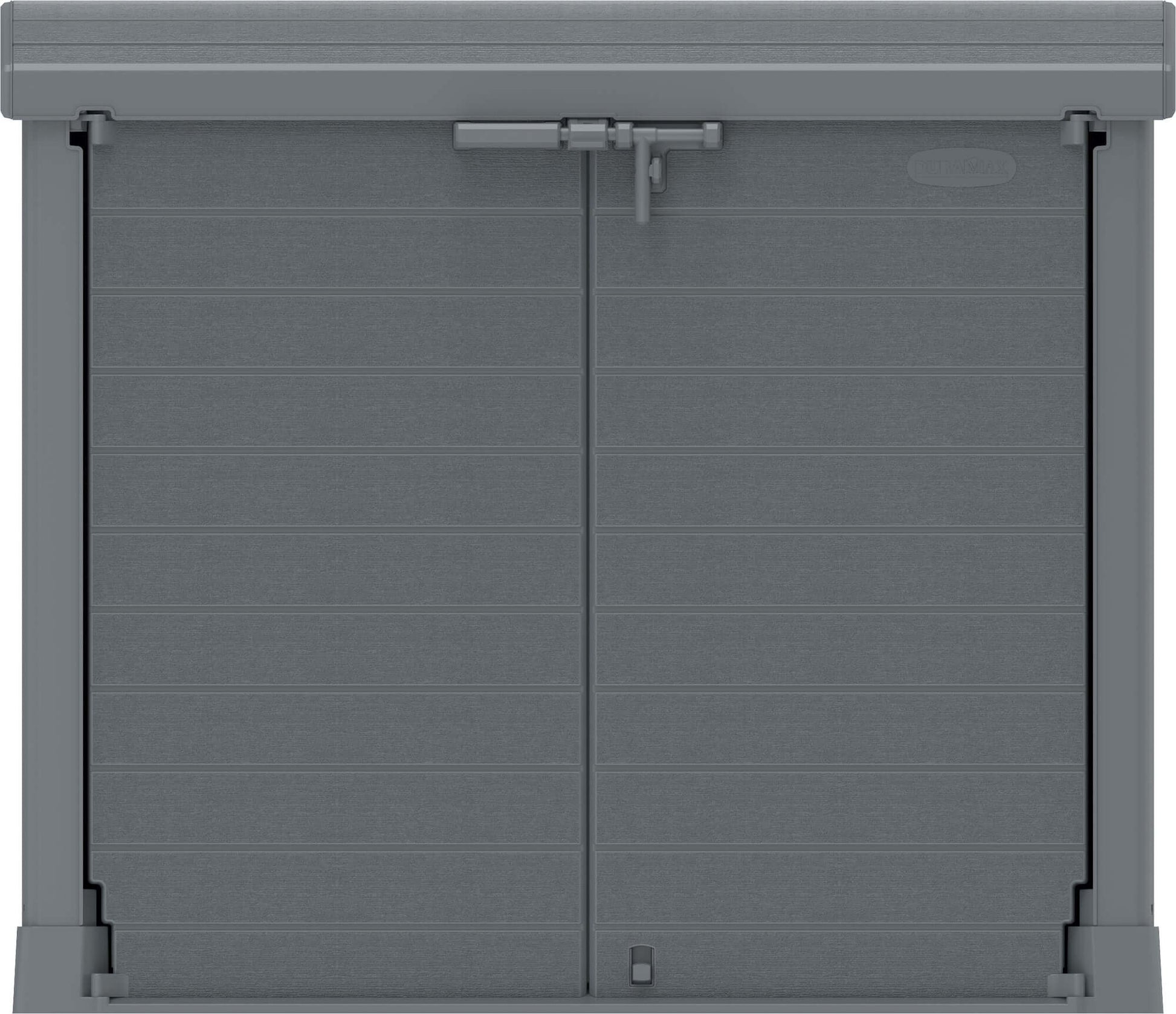Duramax StoreAway Arc Lid 1200L Gray Shed for outdoor storage, weatherproof and UV-protected, front view.