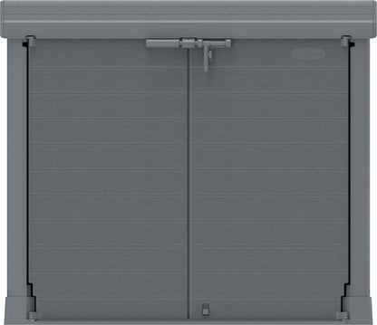 Duramax StoreAway Arc Lid 1200L Gray Shed for outdoor storage, weatherproof and UV-protected, front view.