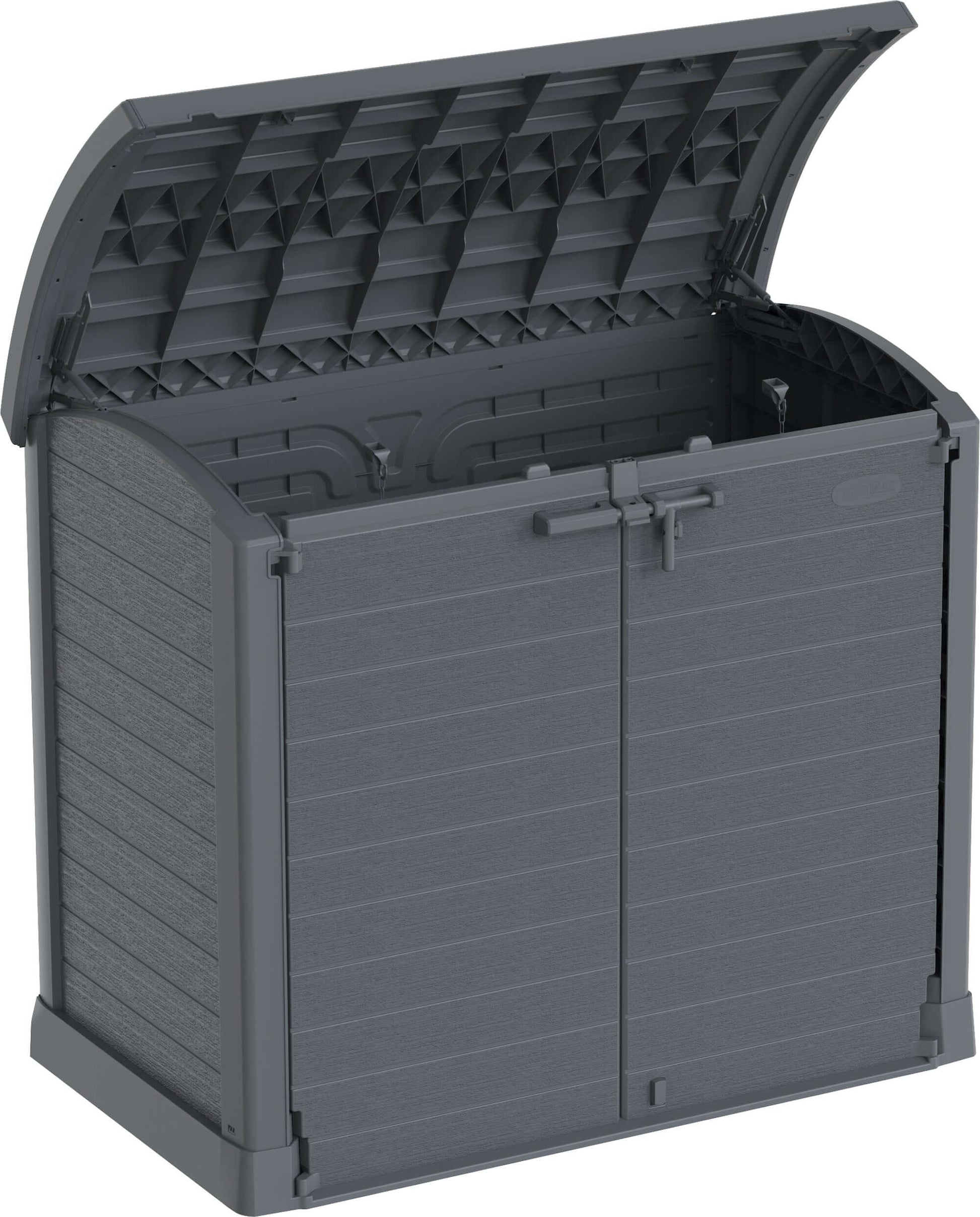 Duramax Storeaway Arc Lid 1200L gray garden shed with open lid, ideal for storing outdoor gear, featuring weatherproof design.