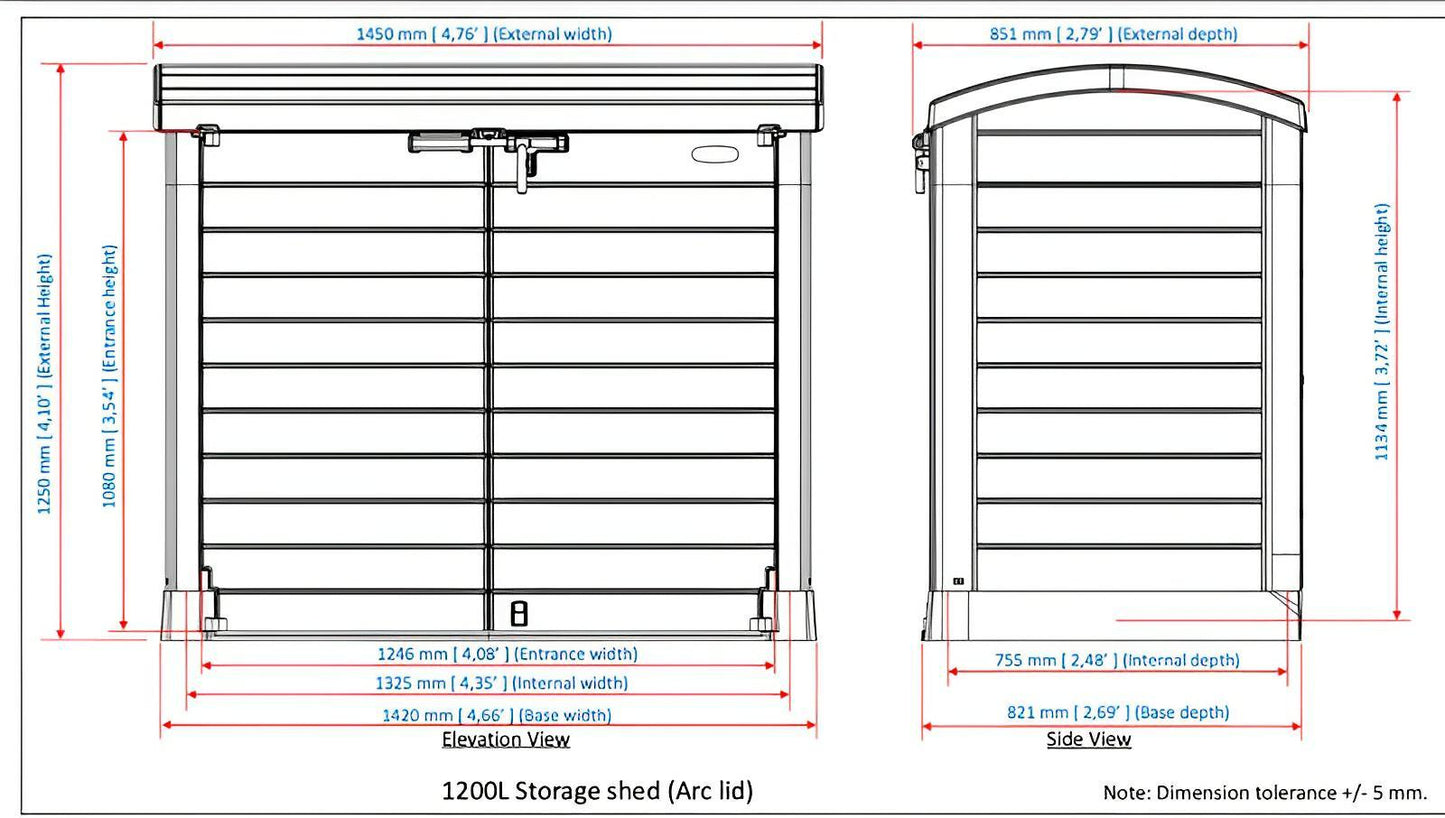 Diagram of Duramax Storeaway Arc Lid 1200L storage shed with dimensions and measurements.