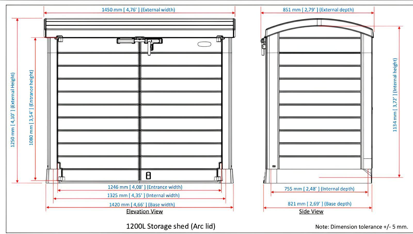 Diagram of Duramax Storeaway Arc Lid 1200L storage shed with dimensions and measurements.
