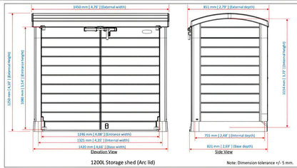 Diagram of Duramax Storeaway Arc Lid 1200L storage shed with dimensions and measurements.