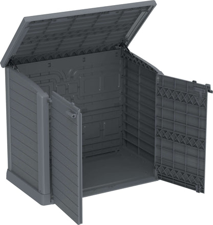 Duramax Storeaway Flat Lid 1200L gray shed with open wide doors, ideal for outdoor storage of tools and bikes.