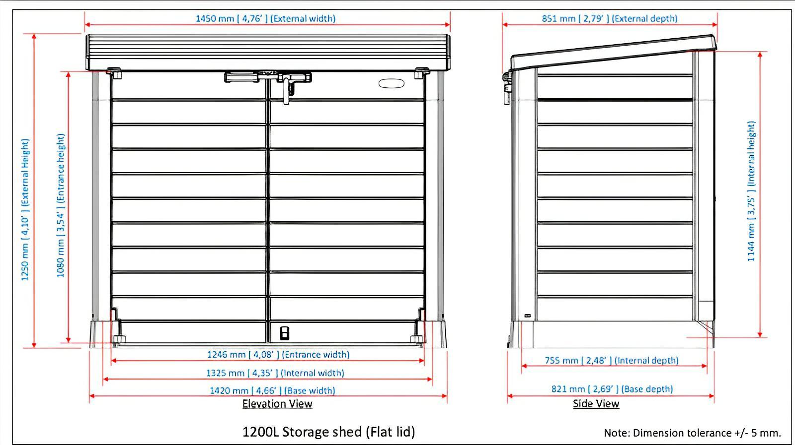 Technical drawing of Duramax Storeaway 1200L flat lid storage shed, showing dimensions and design for outdoor organization.