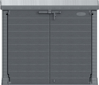 Duramax Storeaway Flat Lid 1200L Gray 86630 garden shed, ideal for storing outdoor items like tools, bikes, and barbecues.