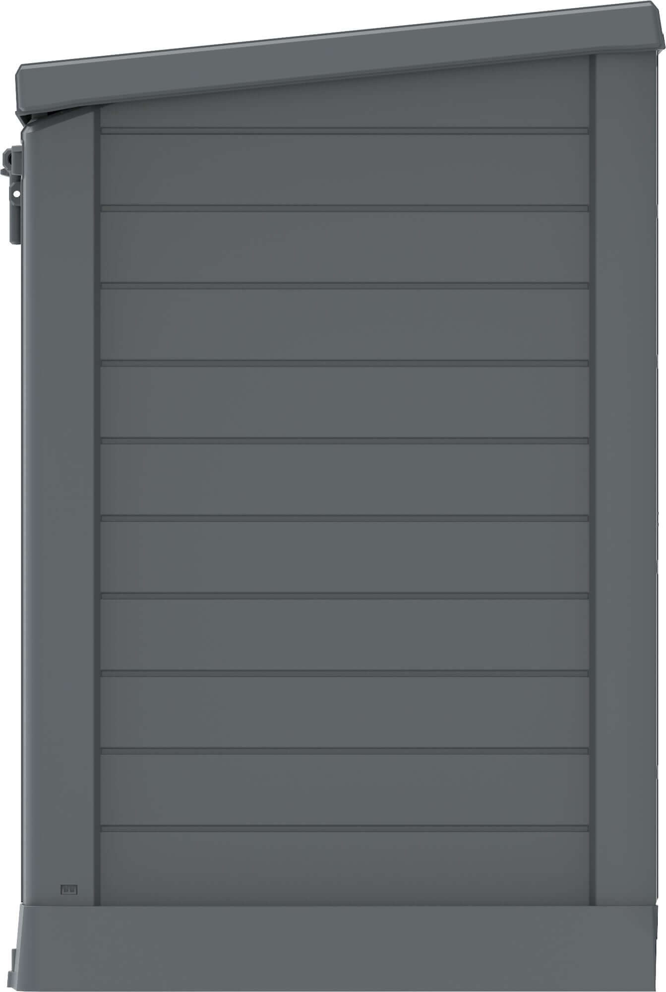 Duramax StoreAway garden shed in gray, 1200L capacity, with flat lid and tough plastic construction for outdoor storage.