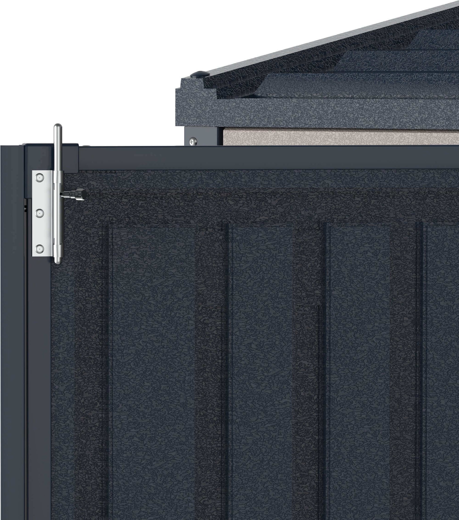 Close-up of Duramax Vinyl Shed 10x4 SideMate Plus ProStorage door and roof corner, emphasizing durability and sleek design.