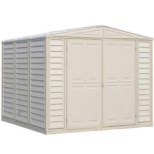 Duramax Vinyl Shed 8x8 DuraMate with foundation kit, featuring double doors and metal reinforcement, perfect for backyards. 