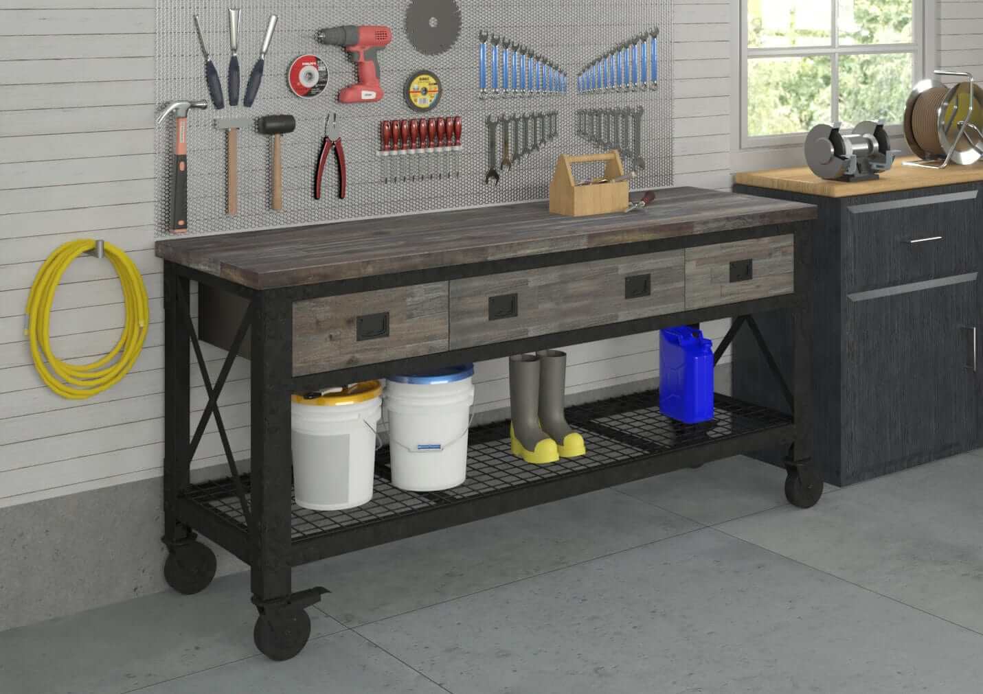 DuraMax 72 inch industrial workbench with wood top, 3 drawers, and storage space in garage setting.
