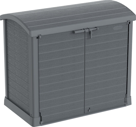 Duramax Storeaway Arc Lid 1200L Gray weatherproof garden shed for storing tools, bikes, and barbecues, model 86633.