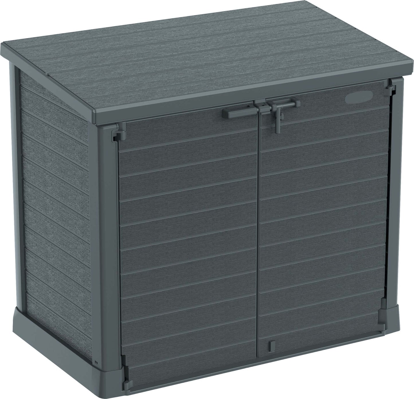 Duramax Storeaway Flat Lid 1200L Gray 86630 garden shed with wide doors, ideal for outdoor storage of bikes and tools.