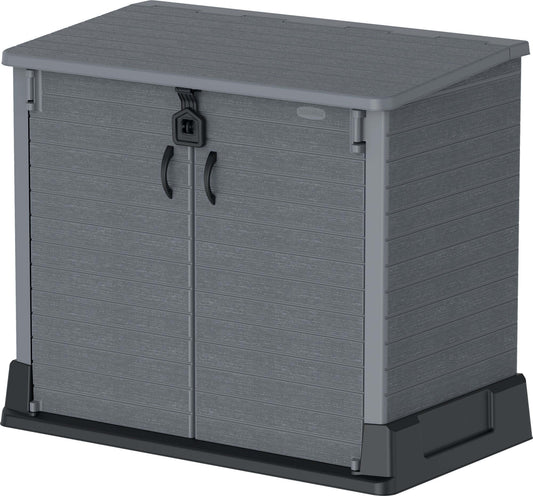 Duramax StoreAway 850L garden shed in gray, ideal for outdoor storage of tools and bicycles, featuring wide-opening doors.