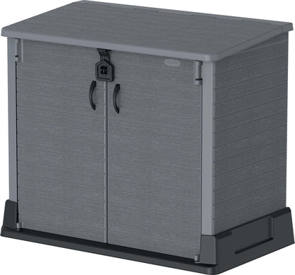 Duramax StoreAway 850L garden shed in gray, ideal for outdoor storage of tools and bicycles, featuring wide-opening doors.