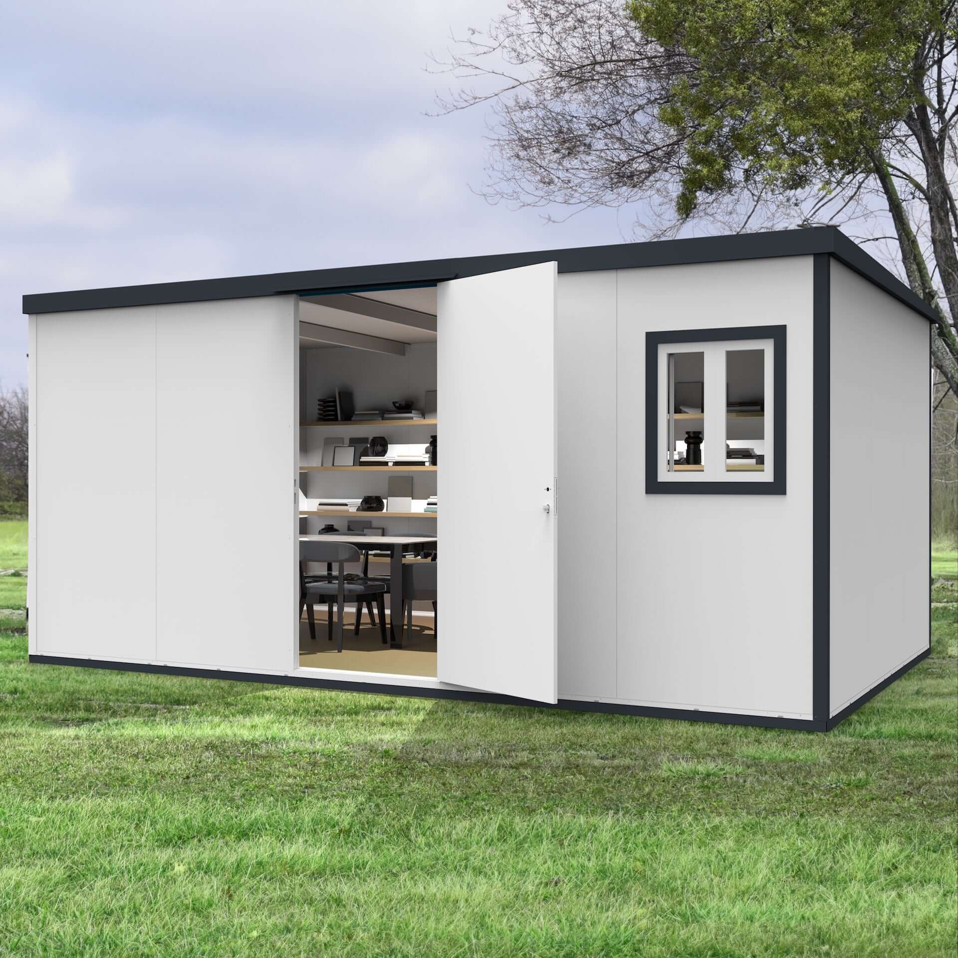 Duramax 16x10 Flat Roof Insulated Building with open door and interior view. Strong galvanized steel, ideal for versatile use.