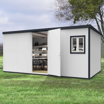 Duramax 16x10 Flat Roof Insulated Building with open door and interior view. Strong galvanized steel, ideal for versatile use.