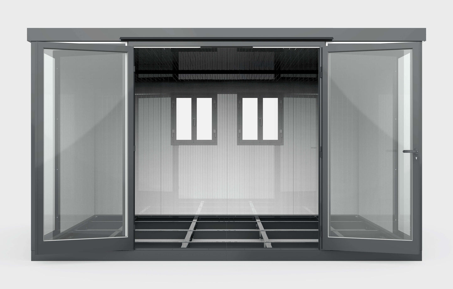 Front view of the Duramax 13x10 Glass Garden Room, showcasing open doors and windows, ideal for versatile outdoor use. Keywords: Duramax glass room.