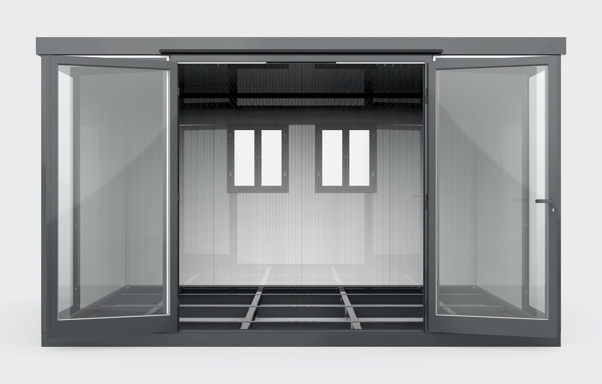 Front view of the Duramax 13x10 Glass Garden Room, showcasing open doors and windows, ideal for versatile outdoor use. Keywords: Duramax glass room.