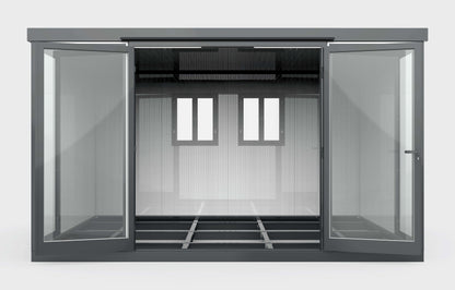 Front view of the Duramax 13x10 Glass Garden Room, showcasing open doors and windows, ideal for versatile outdoor use. Keywords: Duramax glass room.
